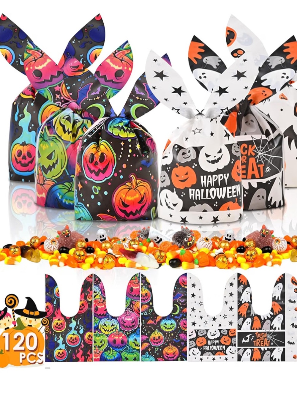 120PCS Halloween Sweets Candy Bags for Trick or Treating, Halloween Treat Bags